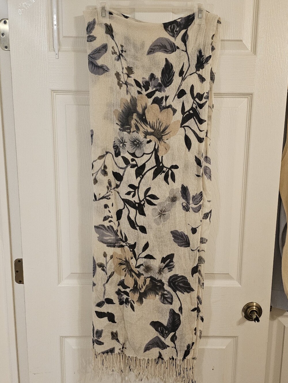 Floral Fringe Cotton Shawl - Cream with Blue and Black Floral Print